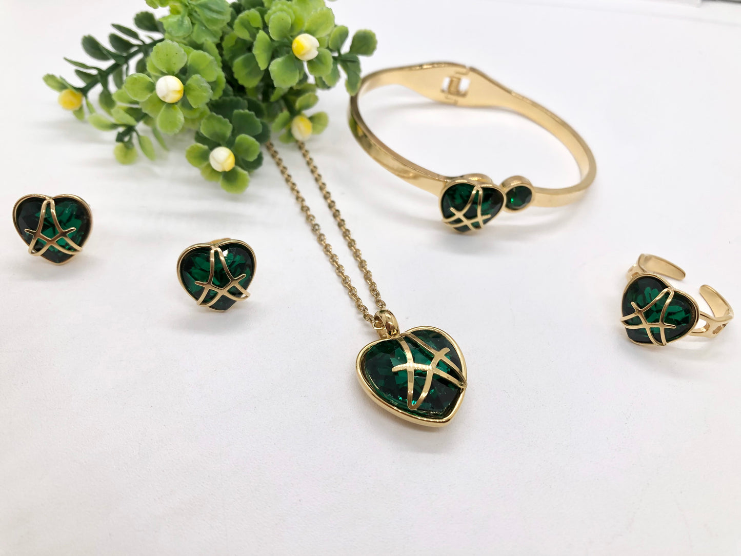 Gorgeous women's stainless steel necklace, earrings, bracelet, and ring set