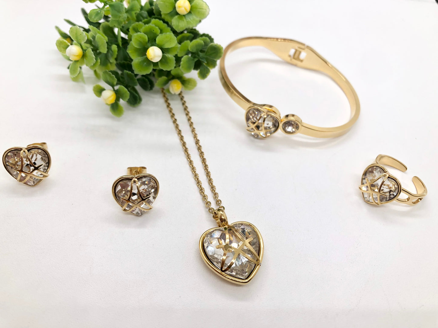 Gorgeous women's stainless steel necklace, earrings, bracelet, and ring set