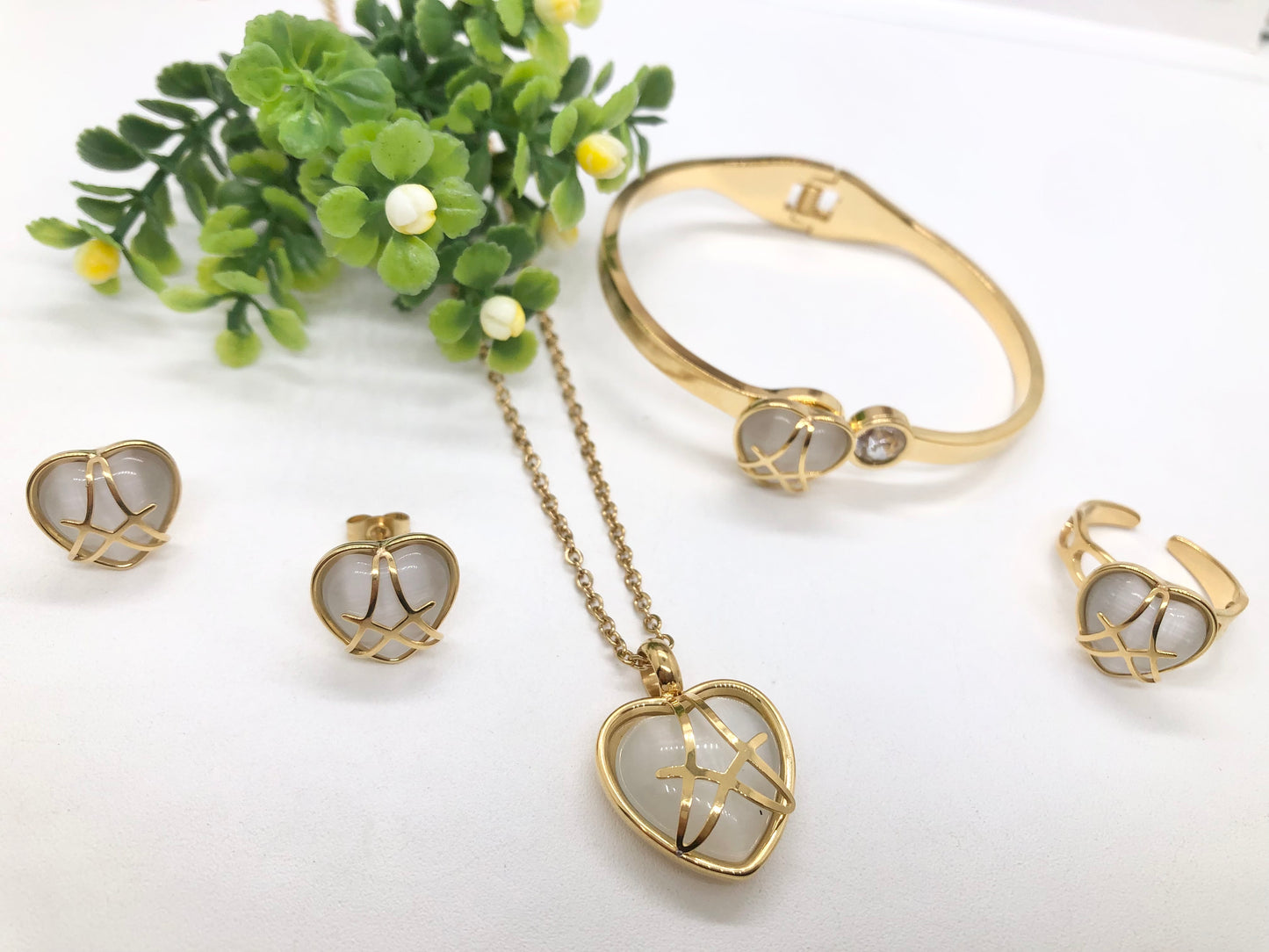 Gorgeous women's stainless steel necklace, earrings, bracelet, and ring set