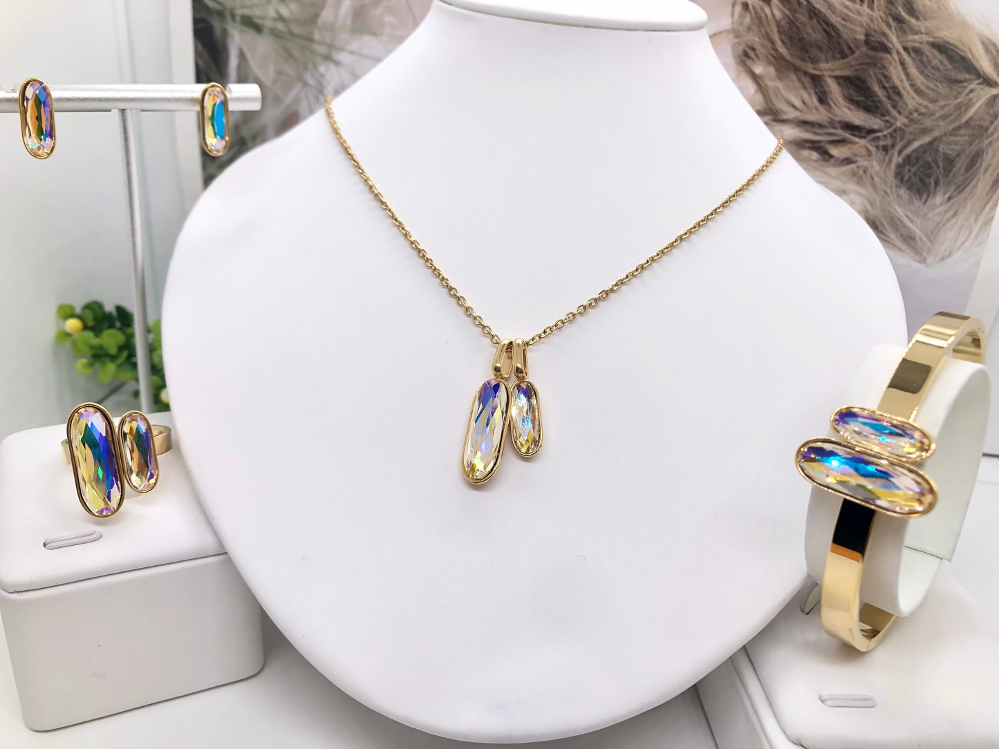 Gorgeous women's stainless steel necklace, earrings, bracelet, and ring set