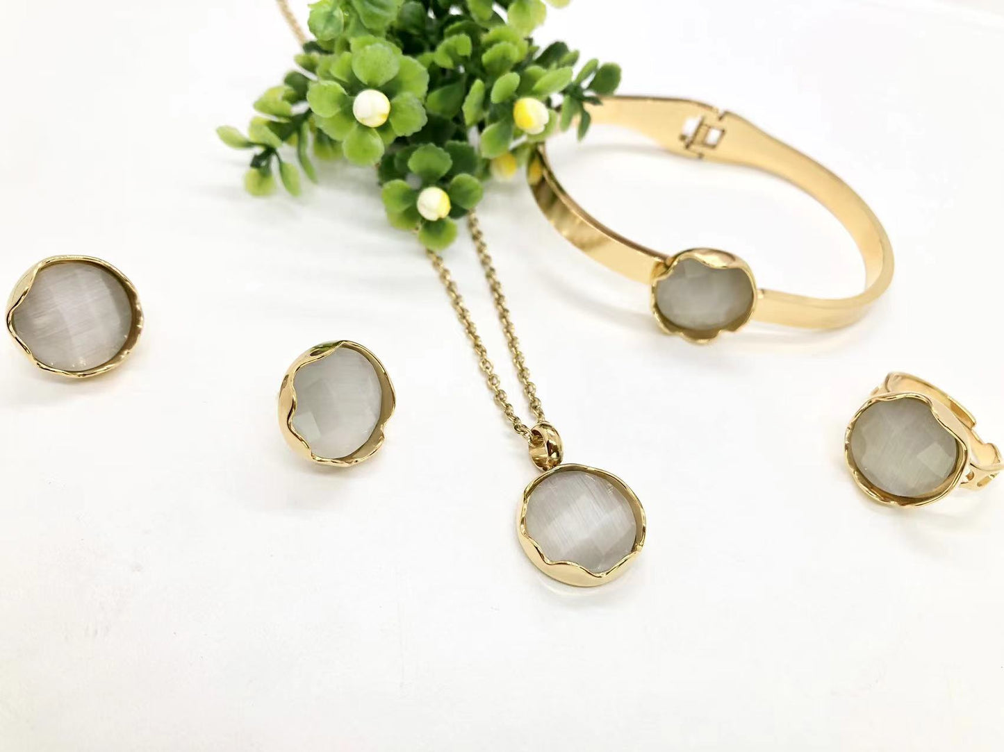 Gorgeous women's stainless steel necklace, earrings, bracelet, and ring set