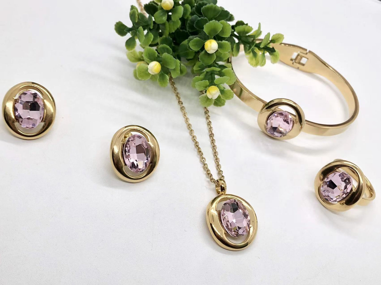 Fashion 4-piece Jewelry Set 18k Gold Stainless Steel Inlaid Gemstone Wide Open Bracelet Necklace Earrings Ring Set