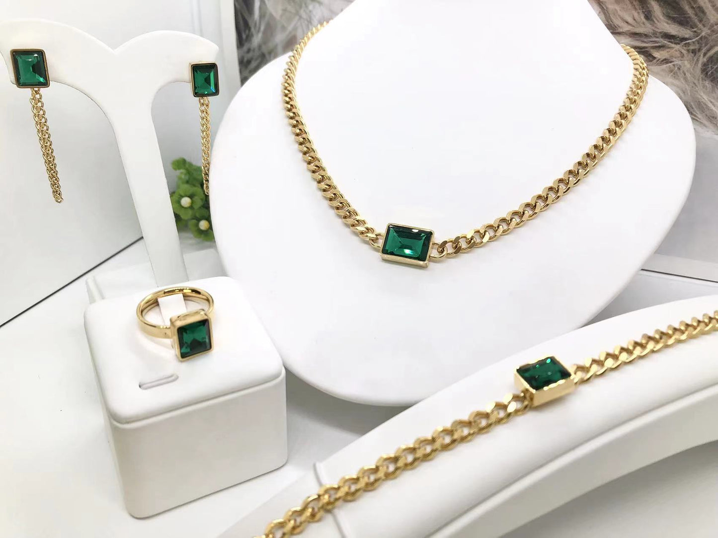 Gorgeous women's stainless steel necklace, earrings, bracelet, and ring set