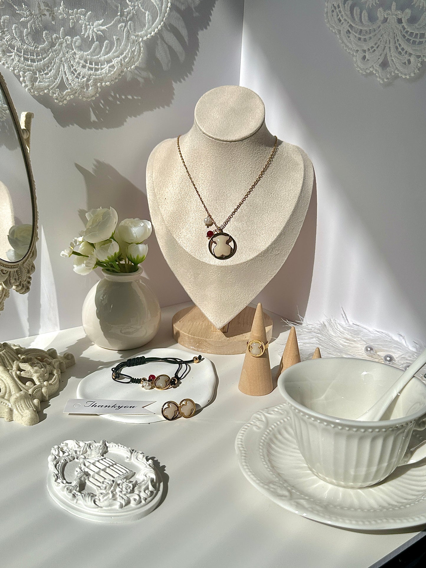 Gorgeous women's stainless steel necklace, earrings, bracelet, and ring set