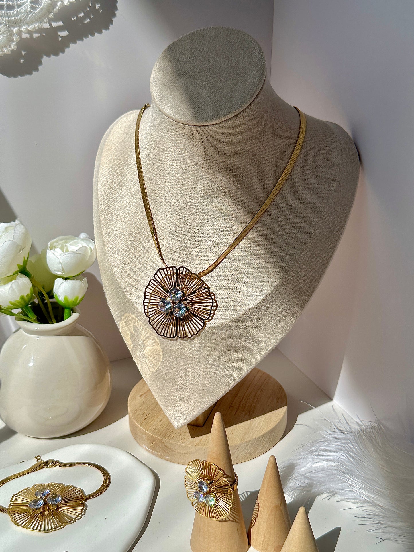 Gorgeous women's stainless steel necklace, earrings, bracelet, and ring set