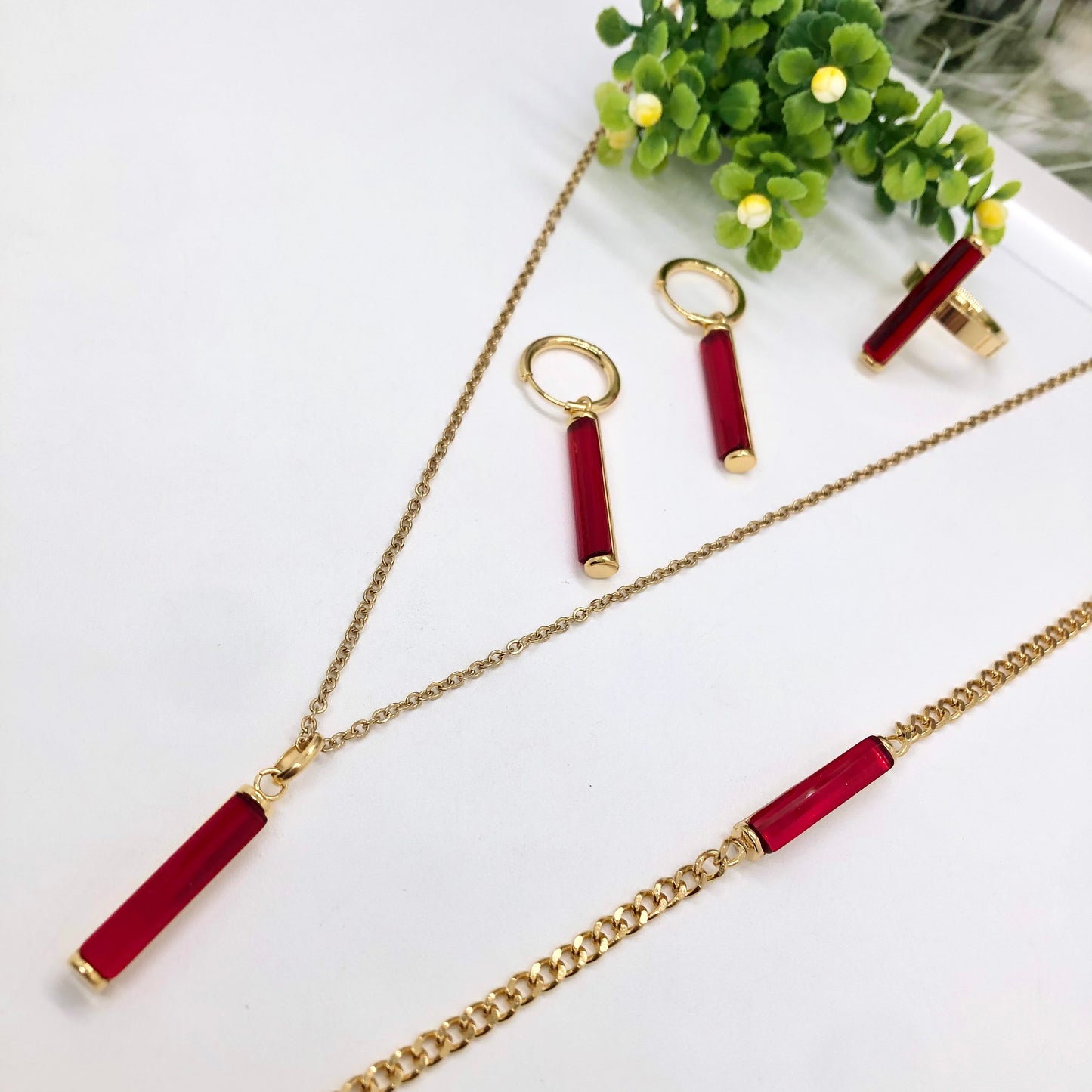 Gorgeous women's stainless steel necklace, earrings, bracelet, and ring set