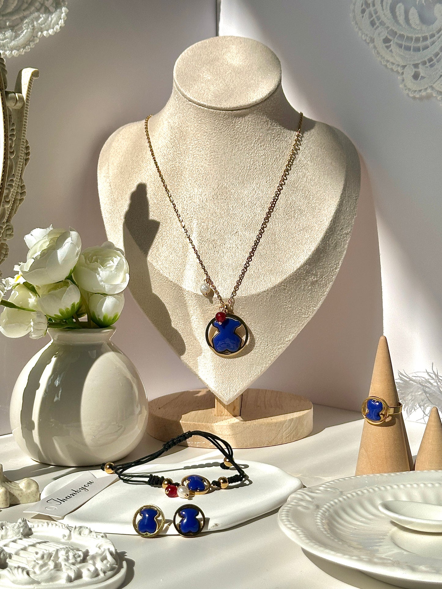 Gorgeous women's stainless steel necklace, earrings, bracelet, and ring set