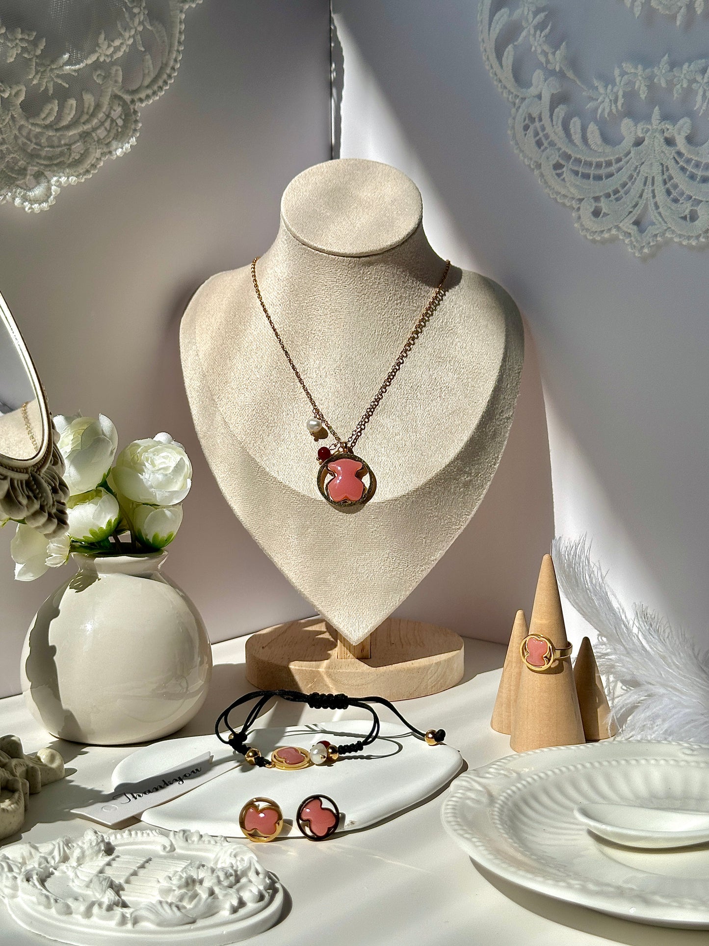 Gorgeous women's stainless steel necklace, earrings, bracelet, and ring set