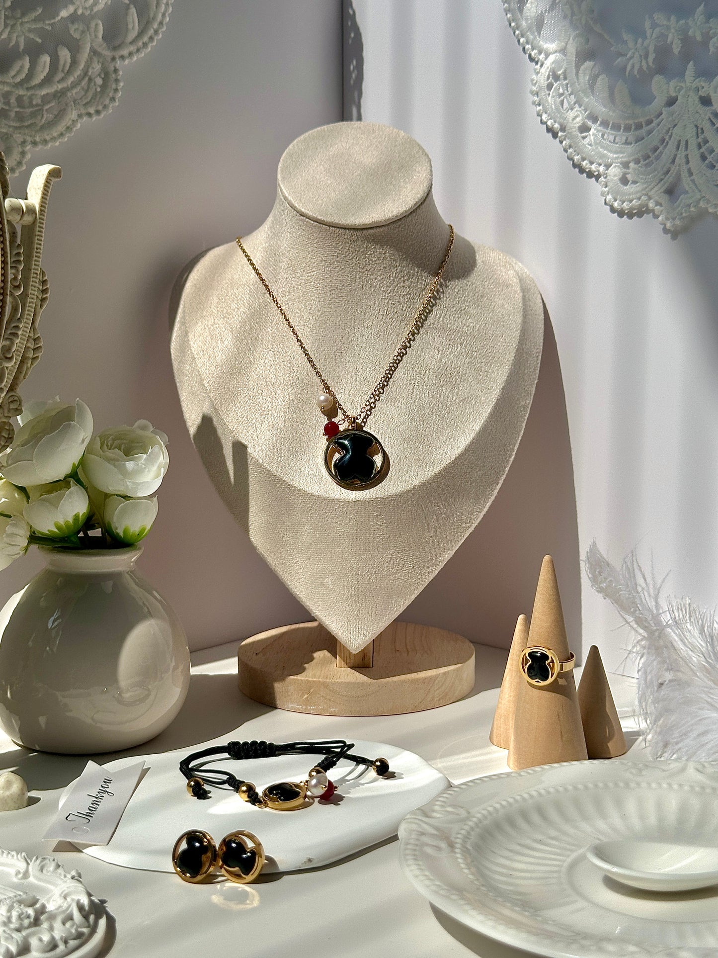 Gorgeous women's stainless steel necklace, earrings, bracelet, and ring set