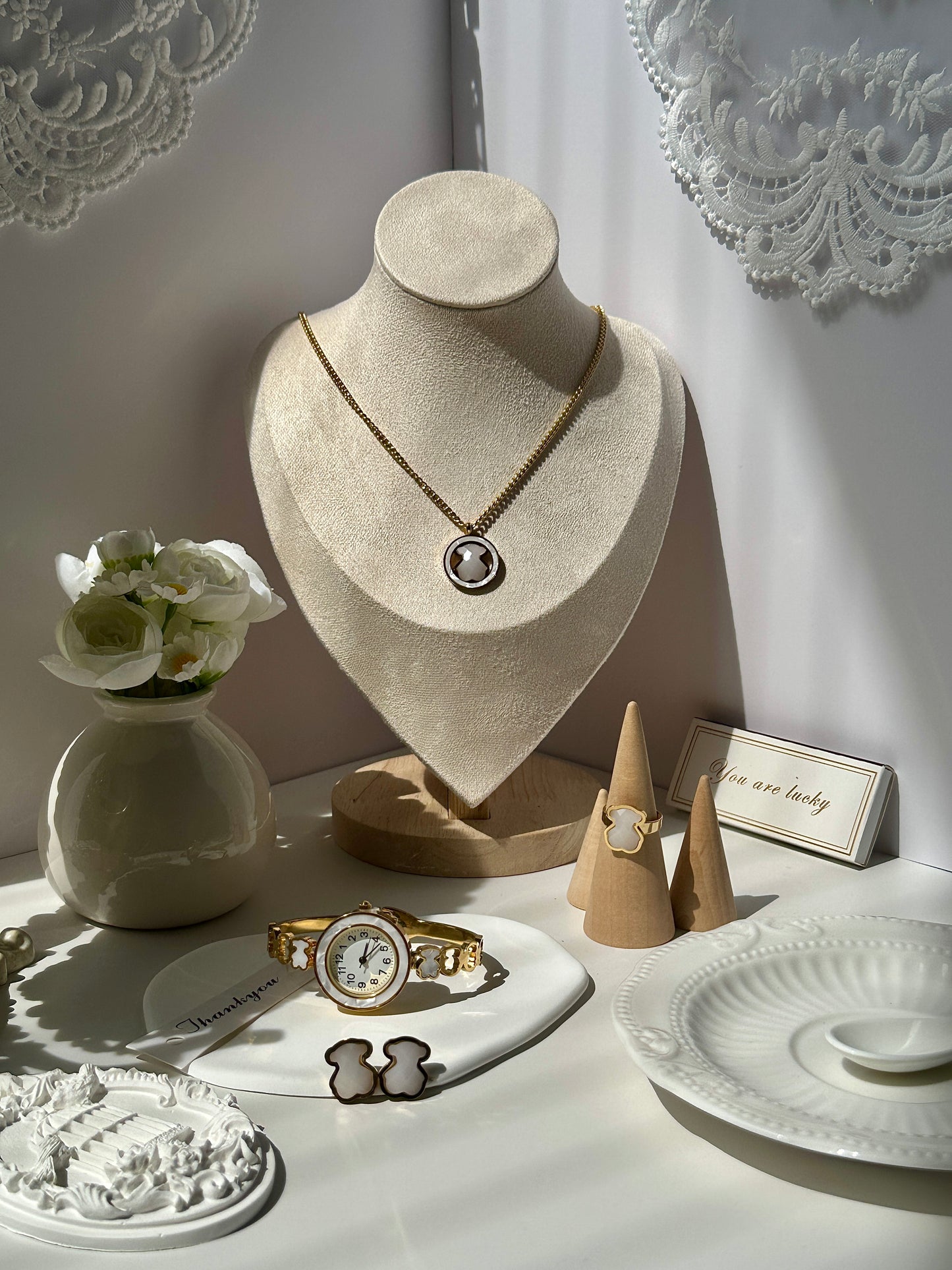 Fashion 4-piece Jewelry Set 18k Gold Stainless Steel Inlaid Gemstone Wide Open Bracelet Necklace Earrings Ring Set