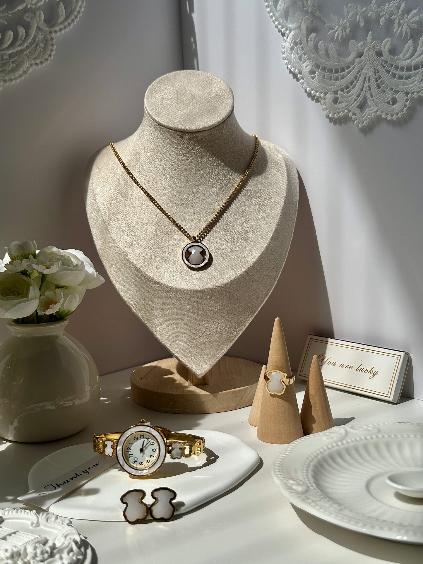 Fashion 4-piece Jewelry Set 18k Gold Stainless Steel Inlaid Gemstone Wide Open Bracelet Necklace Earrings Ring Set