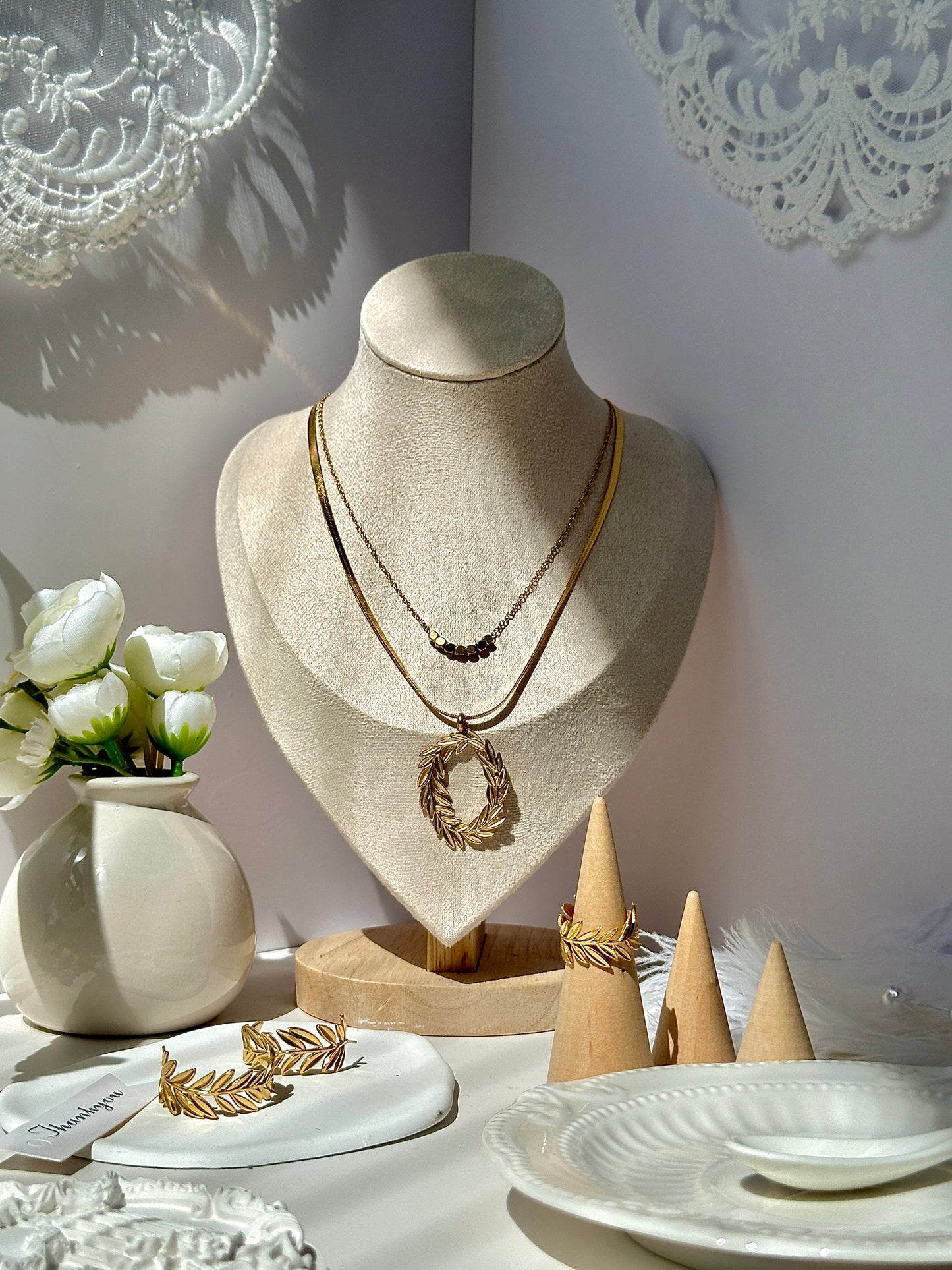 Gorgeous women's stainless steel necklace, earrings, bracelet, and ring set