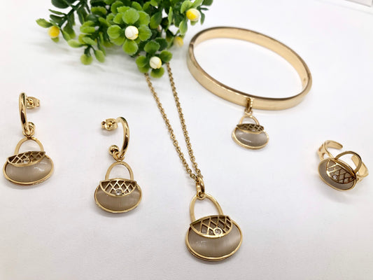 Gorgeous women's stainless steel necklace, earrings, bracelet, and ring set