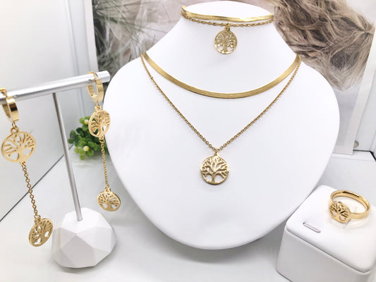 Gorgeous women's stainless steel necklace, earrings, bracelet, and ring set
