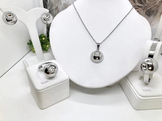 Gorgeous women's stainless steel necklace, earrings, bracelet, and ring set