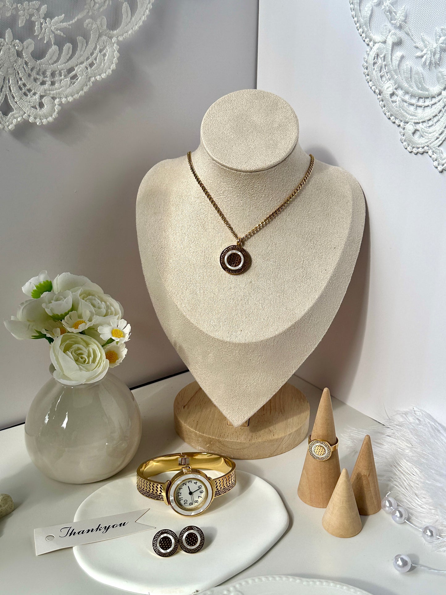 Explosive minimalist flower hollow pearl eye forest tie pure style necklace earrings ring titanium steel
